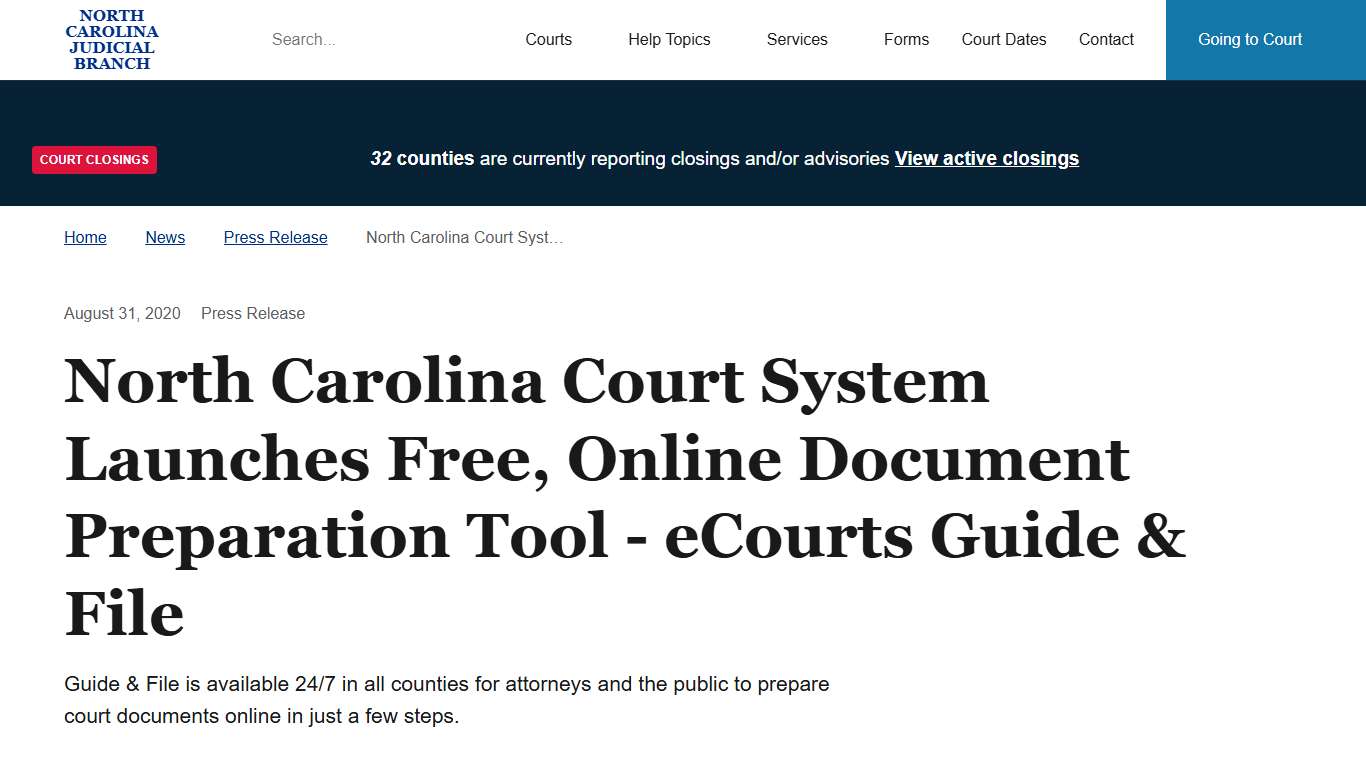 North Carolina Court System Launches Free, Online Document Preparation Tool - eCourts Guide & File North Carolina Judicial Branch